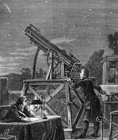 Nineteenth-century engraving of an astronomer at a large telescope under a night sky while a colleague takes notes by lamplight