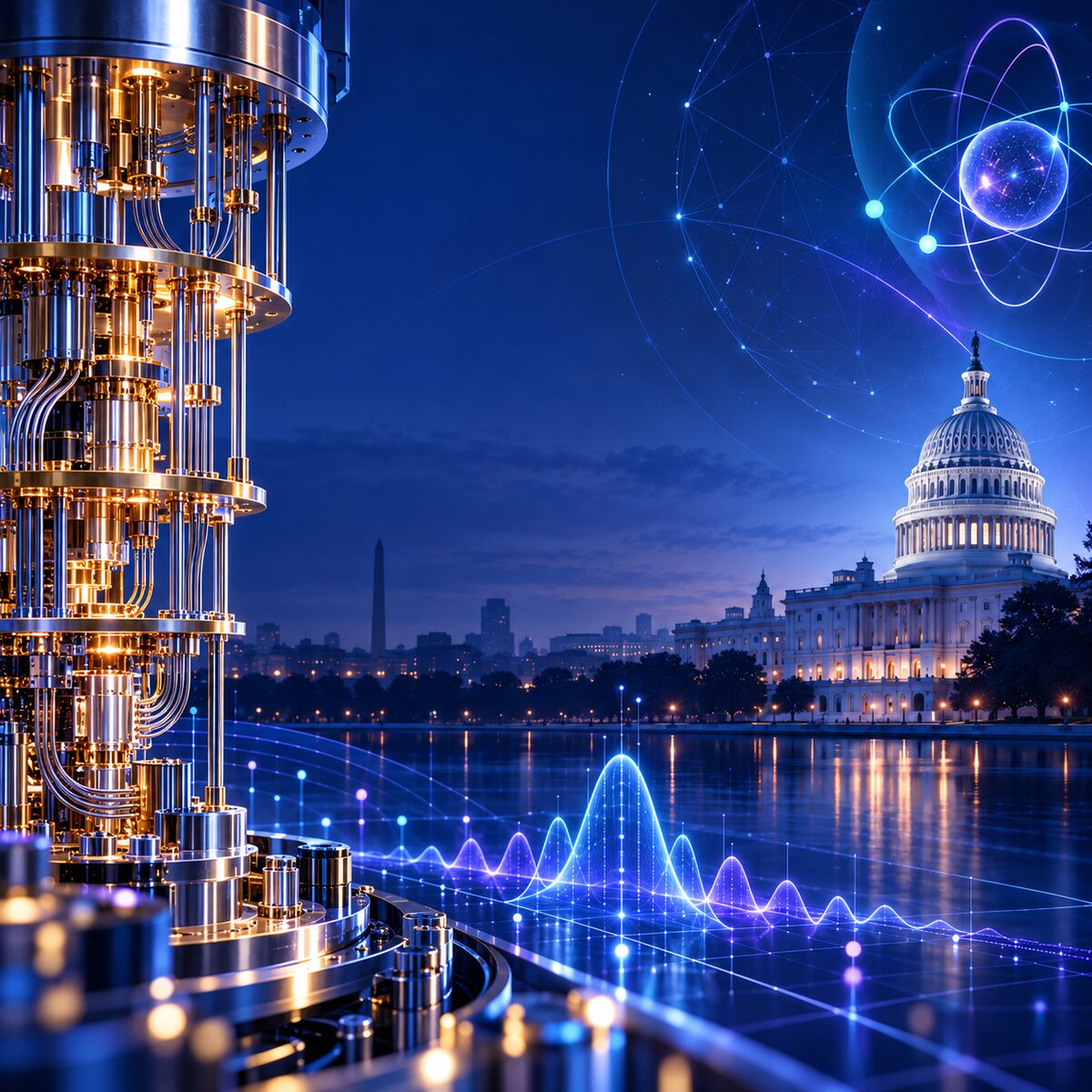 Illustration of a gold quantum computer beside the U.S. Capitol at night, with glowing wave and atom graphics